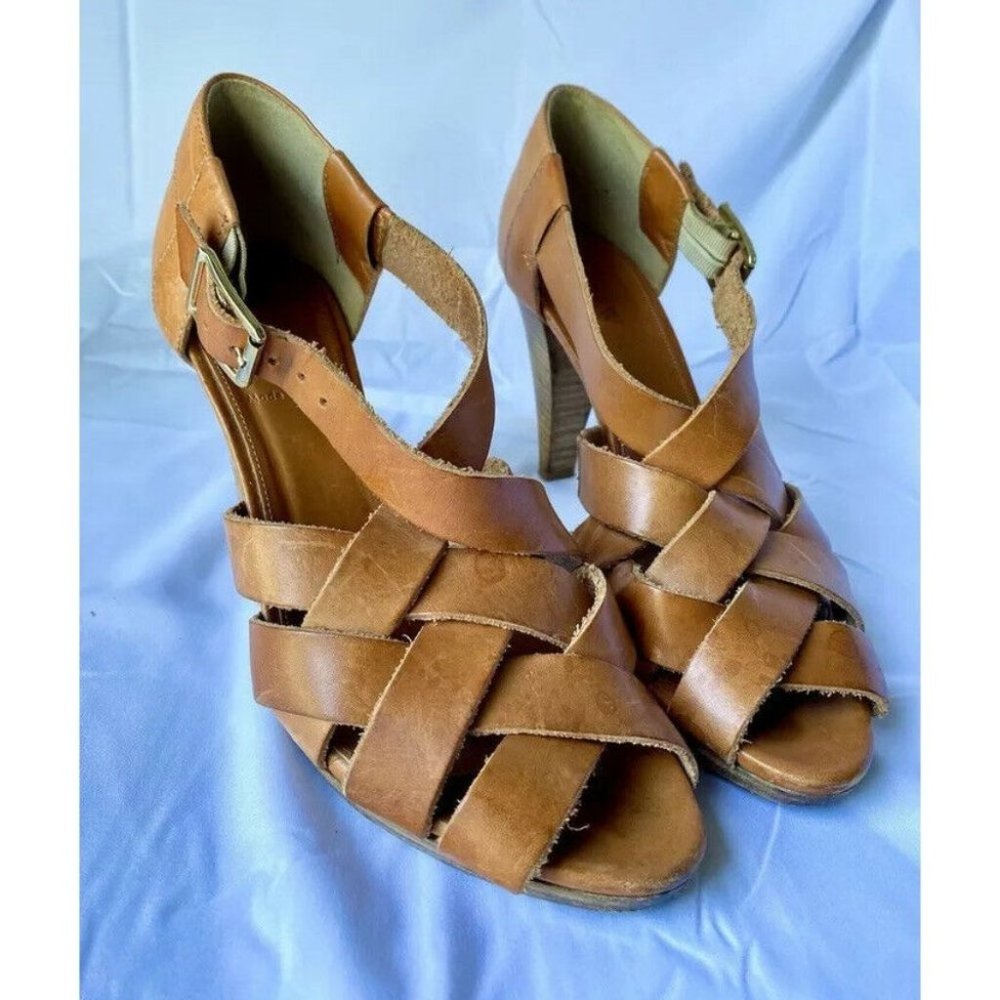 J CREW Woven Brown Leather Peep Toe Sandals Heels